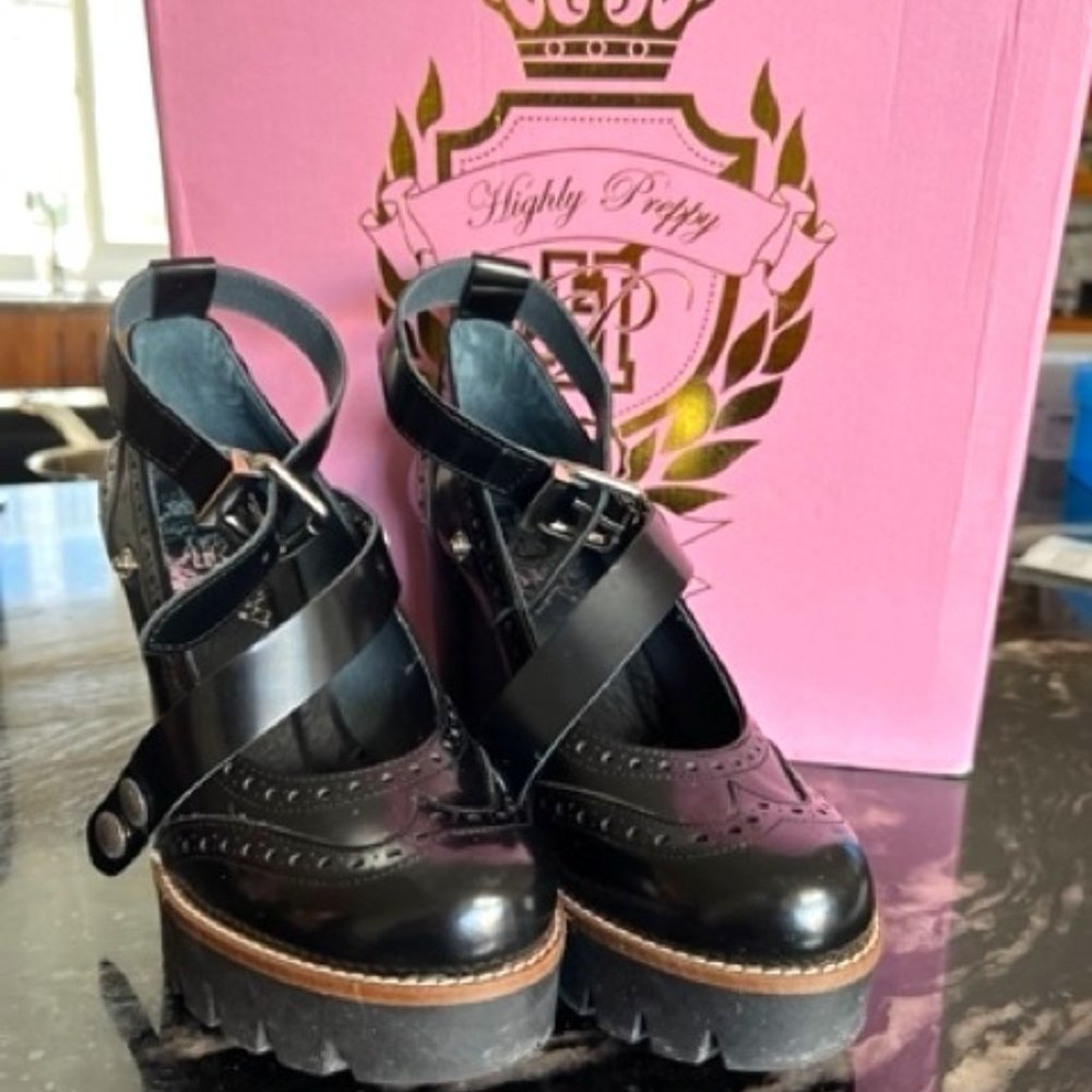 Highly Preppy Combat Heels, High Block Heel with Spats, new w/ box, Combat Boot